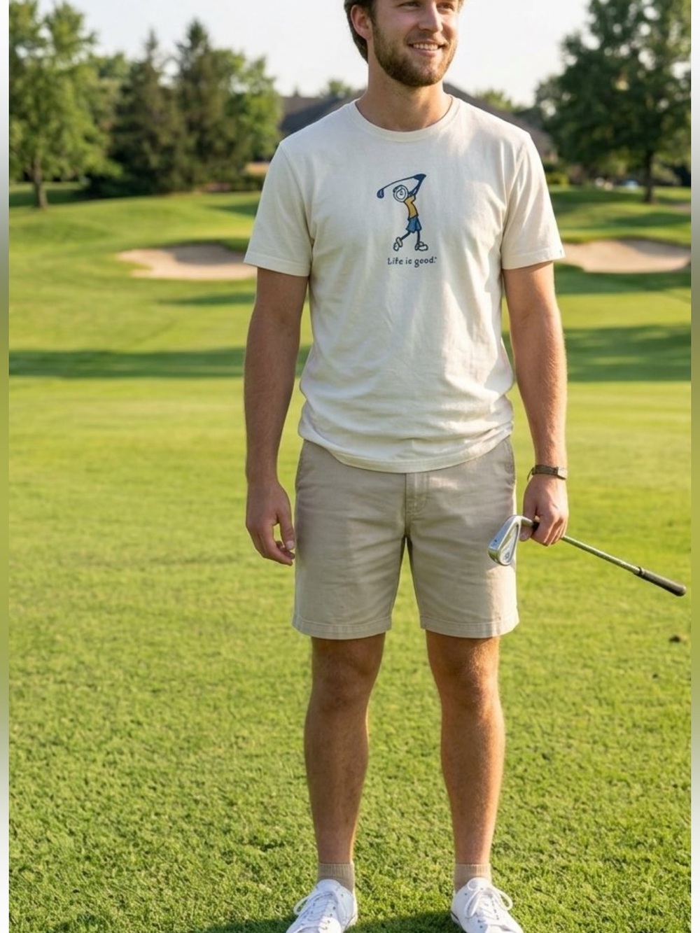 Life is Good Jake Golfer Short Sleeve Graphic Tee  Cream Mens Medium  New